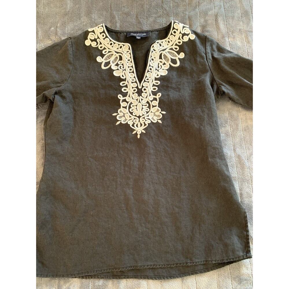 Jones New York Signature Women’s Dark Gray 100% Linen Shirt White Detail Small - Picture 4 of 11